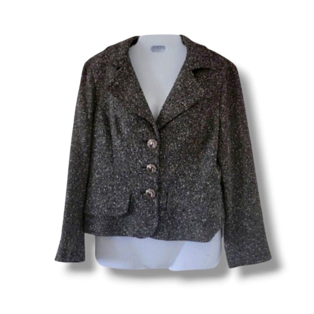 Cynthia Steffe | Designer Black White Boucle Wool Blend Blazer (SIZE 12)